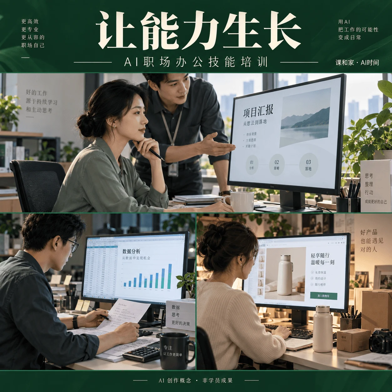 让能力生长:汇报材料、数据分析与电商运营概念图